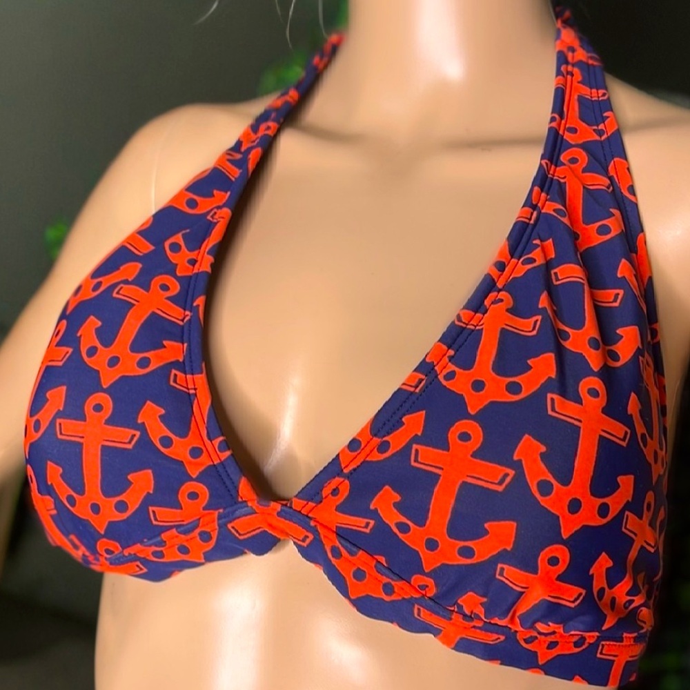 Vineyard Vines Triangle Plunge Swim Bikini Top Navy and Red Anchor Pattern Sz L